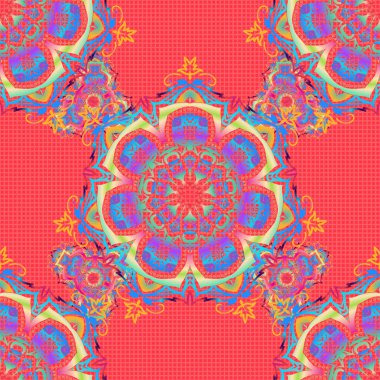 Halılar, tekstil, duvar kağıtları ve herhangi bir yüzey için şablonlar. Kırmızı, mavi ve pembe süslemelerden oluşan kusursuz bir desen. Doğulu, süslü.