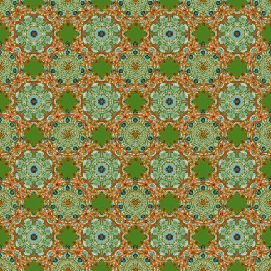 Vektör tarzı süs. Şam, yeşil, turuncu ve kahverengi renklerde, dikişsiz çiçek deseni. Soyut çiçekli kraliyet duvar kağıdı.