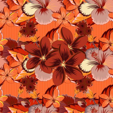 Kırmızı, turuncu ve kahverengi renklerde, şirin çiçekli kusursuz vektör deseni. Çiçek arka planı.