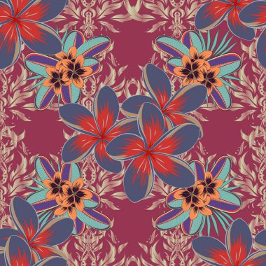 Mavi, turuncu ve mor renklerde kusursuz çiçek deseni. Vektör tesisat çiçekleri pürüzsüz desen.