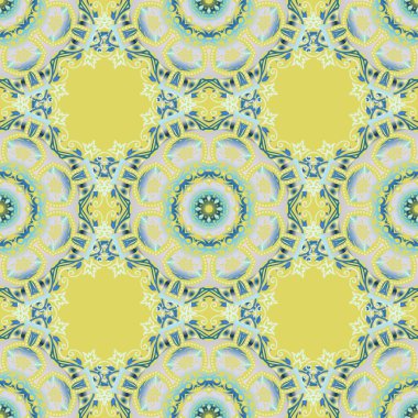 Vektör çizimi. Kusursuz arka plan, grunge tarzı. Yeşil, sarı ve mavi Şam desenli duvar kağıdı.