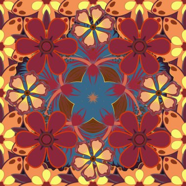 Arabesk. Kahverengi, kırmızı ve turuncu renklerde klasik soyut vektör çiçeksiz desen. Çarpık kıvrımlı zarif yaprak ve parşömenlerin kesişmesi soyut bir çiçek süsü oluşturur..