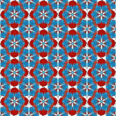 Karmaşık süslemeli vektör çizimi. Kırmızı, mor ve mavi renklerde kusursuz desen.