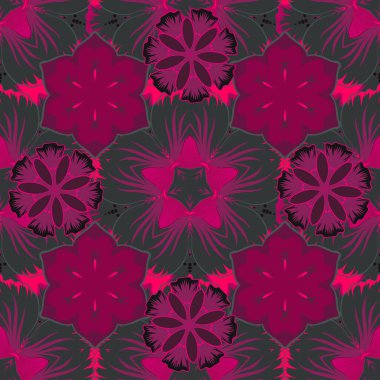 Dekoratif yaz çiçeklerini gri, morumsu ve mor renklerle kusursuz desen, suluboya vektör çizimi.