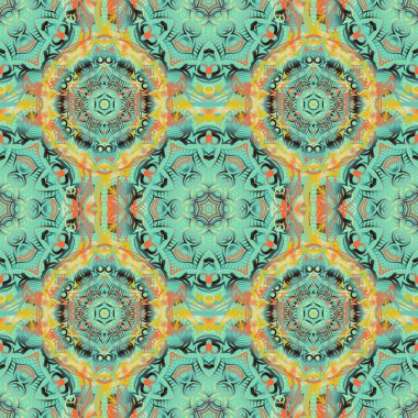 Mavi, yeşil ve sarı soyut çiçek süsü, soyut dekoratif elementlerin vektörsüz deseni.