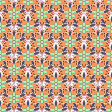 Çiçekli süs eşyası. Turuncu, gri ve mor renkli güzel çiçeklerle nakışsız desen. Moda tekstili ve kumaşı için nakış..