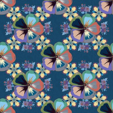 Vektör illüstrasyonu iç tasarım, baskı, ağ ve tekstil tasarımı için iyidir. Kozmos çiçekleri ile optik illüzyon. Gri, mavi ve mor renkli çiçeklerin kusursuz dokusu..