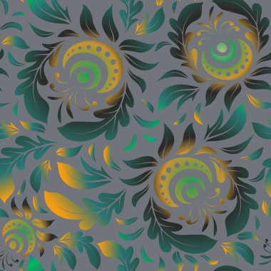 Gri, yeşil ve sarı elementleri, bukleleri ve süslemeleri olan kusursuz bir desen. Vektör doğulu arabesk biçimi.