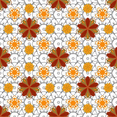 Etnik ve kabile motifleri. Süslü, canlı duvar kâğıdı. Renkli soyut arka plan. Yılbaşı geleneksel renklerinde vektör geometrik süslemesi olan parlak, pürüzsüz desen (turuncu, gri ve mavi).