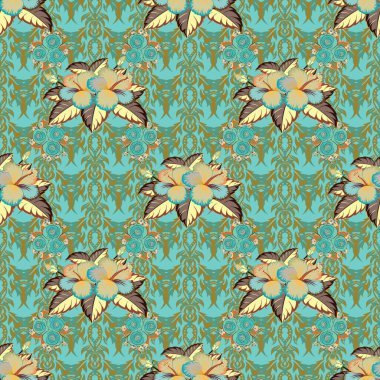 Raster illüstrasyonu. Yeşil, kahverengi ve mavi amber çiçekleri.