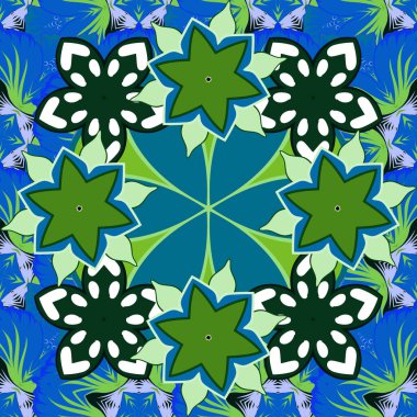 Vektör çizimi. Yeşil ve mavi renkli çiçek motifleri ile soyut zarafet kusursuz desen.