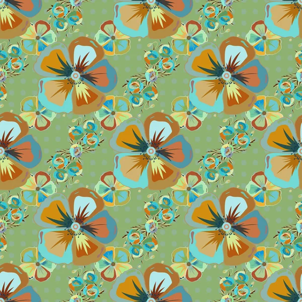 Abstract Elegant Raster Naadloos Patroon Met Bloemen Blauwe Gele Oranje — Stockvector