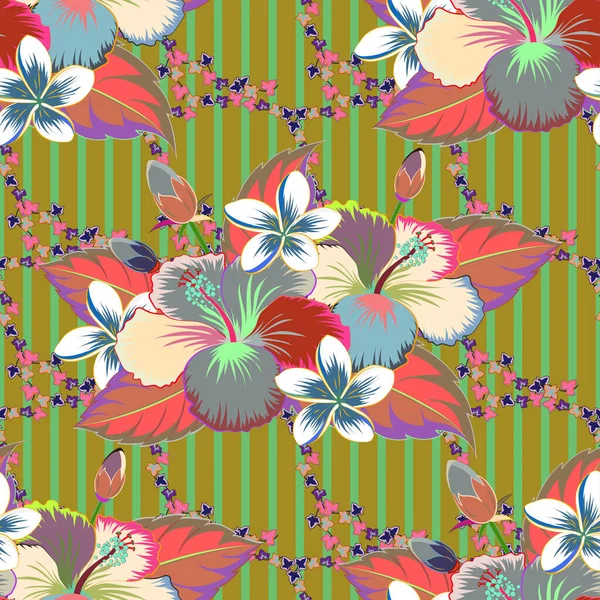 トレンディーな印刷 装飾やデザインのための美しいベクトルパターン 緑の背景にハイビスカスの花と水彩シームレスパターン ヴィンテージスタイル ハイビスカスの花と絶妙なパターン — ストックベクタ