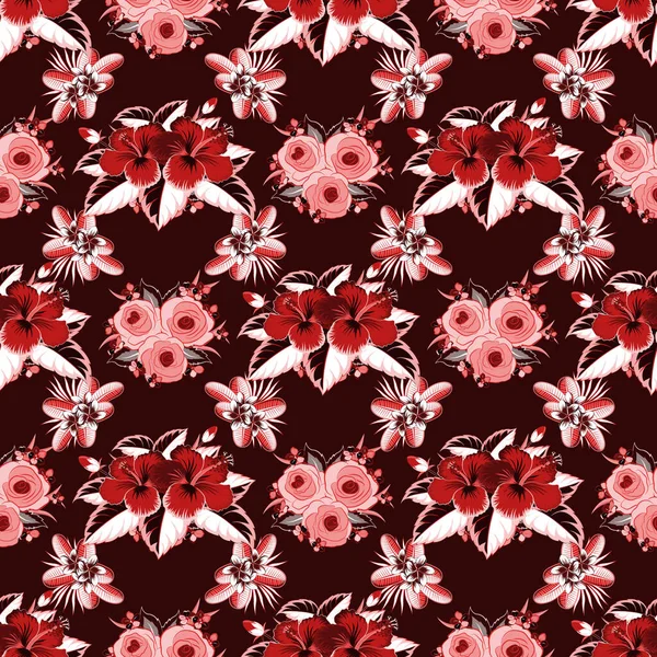 Vektornahtloses Muster Tropischer Hibiskusblüten Schwarzen Rosa Und Roten Farben Mit — Stockvektor