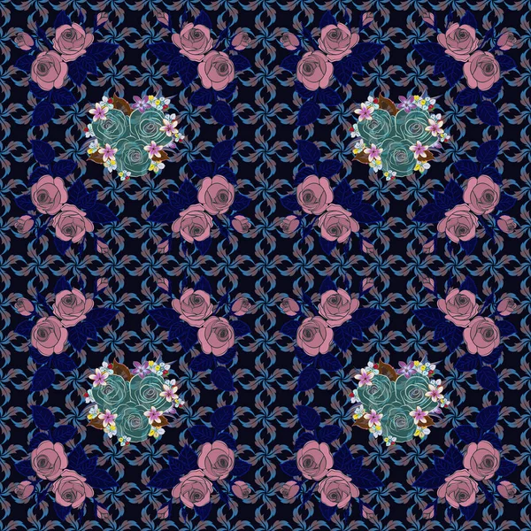 ブルー ピンク ブラックのバラの花とシームレスなパターン ヴィンテージスタイルでベクトル花イラスト — ストックベクタ