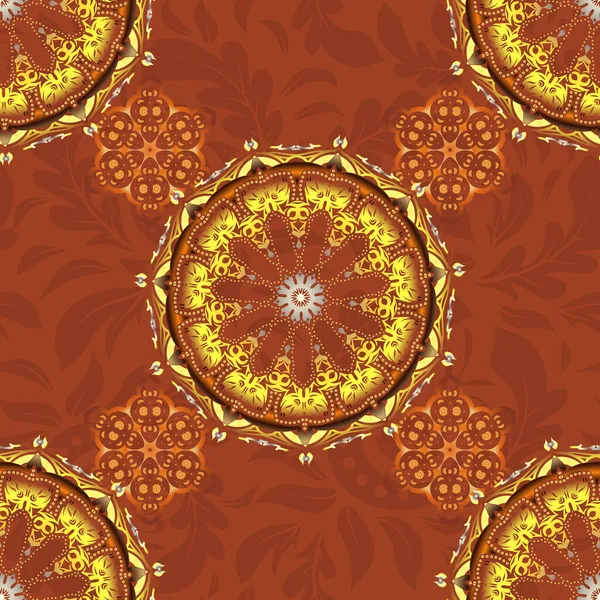 Ornamental Patter Yellow Brown Red Colors Vector Seamless Damask Pattern — Stock Vector