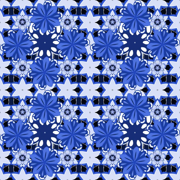 Çiçeklerin Açtığı Çiçeklerin Yaprakların Mavi Beyaz Renklerde Olduğu Dikişsiz Bir — Stok Vektör