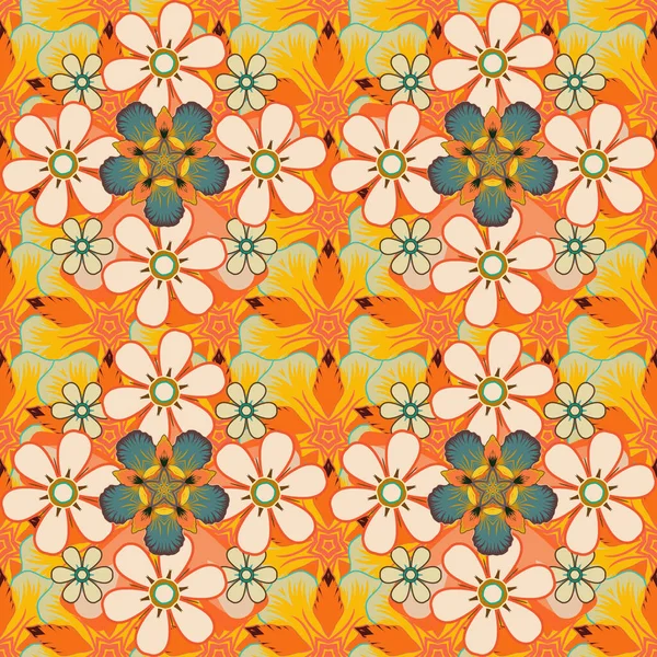 Vintage Nahtlose Muster Beige Gelb Und Orange Farben Handgeschriebene Rasterblumen — Stockvektor