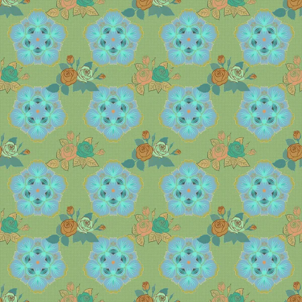 Textura Perfecta Adorno Floral Colores Verde Beige Azul Ilusión Óptica — Vector de stock