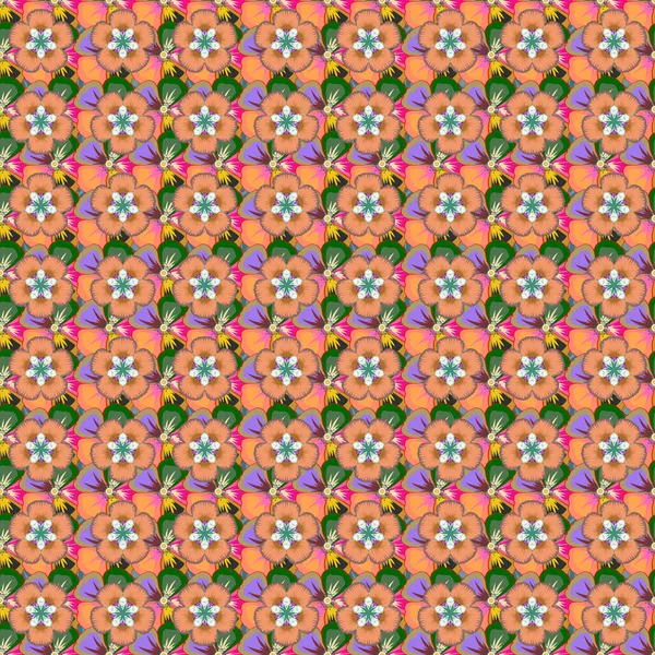 无缝隙的抽象花卉图案 有橙色 绿色和粉色三种颜色 几何叶饰 图解现代图案 可爱的栅格背景 — 图库矢量图片