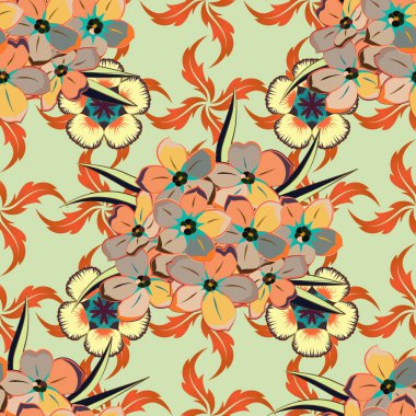 Vektör primula çiçekleri kusursuz desen. Turuncu, bej ve gri renklerde kusursuz çiçek deseni.