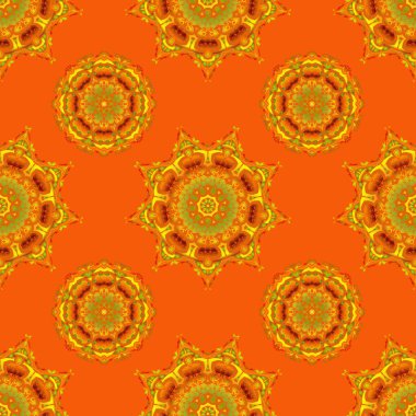 Halılar, tekstil, duvar kağıtları ve herhangi bir yüzey için şablonlar. Kırmızı, sarı ve turuncu süslemelerden oluşan kusursuz bir desen. Doğulu, süslü.