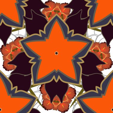 Karalama çizim stili, elle çizilmiş çizim. Çiçekler, yapraklar, dekoratif elementler, sıçrama, lekeler ve siyah, turuncu ve gri renkler ile vektörsüz çiçek deseni.