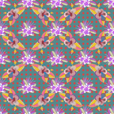 İç tasarım, baskı, web ve tekstil tasarımı için iyi bir tasarım. Mavi ve kırmızı renklerle süslenmiş kusursuz çiçek deseni. Optik yanılsama.