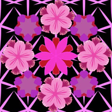 Küçük çiçekte sevimli, dikişsiz çiçek vektör deseni. Pembe, siyah ve mor renklerde pürüzsüz desen.