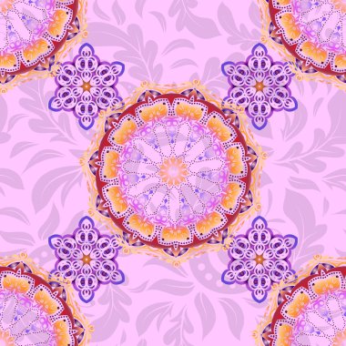 Doğulu, süslü. Kırmızı, mor ve pembe süslemelerden oluşan kusursuz bir desen. Halılar, tekstil, duvar kağıtları ve herhangi bir yüzey için şablonlar.