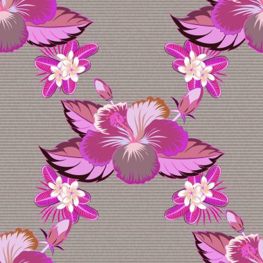 Tropik yaz motifli gri, pembe ve morumsu desenler doku, ambalaj kağıdı ve tekstil tasarımı olarak kullanılabilir. Tropikal amber çiçeklerinin, sık ormanların vektörsüz deseni.