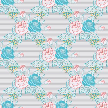 Geometrik yaprak süsü. Grafiksel modern model. Gül çiçekleri ve yeşil yapraklı pürüzsüz desen. Gri, mavi ve pembe renklerde kusursuz soyut çiçek deseni. Şirin vektör arkaplanı.