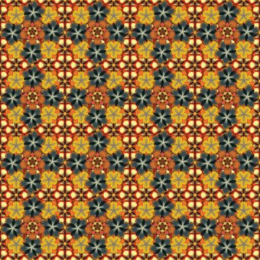 Özyinelenen elementlerle mavi, kahverengi ve sarı renklerde kusursuz bir soyut süs. Zarif raster klasik kusursuz desen.