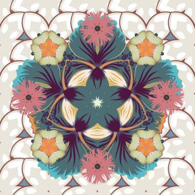 Bej, beyaz ve yeşil renklerde pürüzsüz döşeme deseni. Vektör vintage damaske süsü.