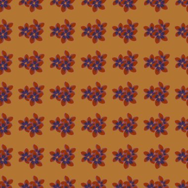 Vektör çizimi. Parlak, güzel, kusursuz bir arka plan. Kahverengi, mor ve turuncu renklerde soyut şirin çiçek deseni.