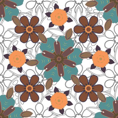 Kahverengi, mavi ve gri eski süslemeleri olan vektörsüz desen.