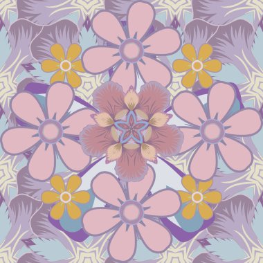 Şirin vektör çiçekli arka plan. Gri, bej ve sarı renklerde, pürüzsüz desenler.