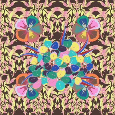 Kahverengi, pembe ve sarı renklerde, klasik, pürüzsüz desen. El yazısı vektör, unutma beni çiçekleri, pullar, anahtarlar..