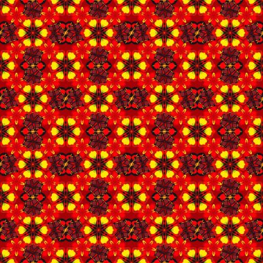 Elin pürüzsüz deseni yeşil, sarı ve kırmızı renkte pek çok küçük çiçeği çizdi. Vektör illüstrasyonu.