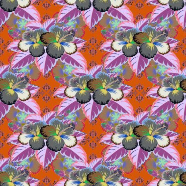 Basit amber çiçeklerinin turuncu, mor ve gri süslemesi, tasarım ve tekstil için soyut, pürüzsüz desen.