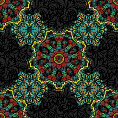 Siyah arkaplanda mavi, yeşil ve kahverengi bir süs. Kusursuz bir geçmişi var. Çiçeksiz desen. Duvar kâğıdı barok, İspanyol kumaşı.