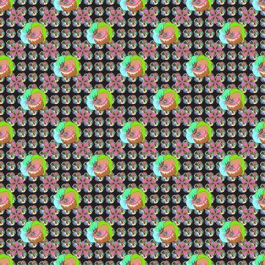 Geçmişi, tekstili, ambalaj kağıtları, tebrik kartları için. Mavi, pembe ve yeşil renklerde sulu boya buketi olan romantik, pürüzsüz bir desen..