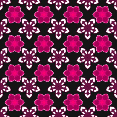 Kusursuz vektör süsü. Siyah, mor ve mor tekrarlayan elementlerle modern geometrik kusursuz desen.