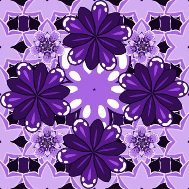 Geometrik tekrarlayan vektör süslemesi mor ve siyah elementlerle. Kusursuz soyut modern çok renkli desen.