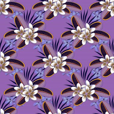 Plumeria çiçekleri ve mor, pembe ve menekşe renkli yapraklarla vektörsüz desen. Çiçek arkaplan, suluboya. Yatak çarşafları, ceket, paket tasarımı, kumaş, moda kavramları için tekstil baskısı