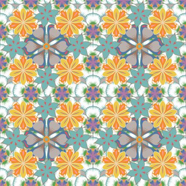 Vektör çizimi. Parlak, güzel, kusursuz bir arka plan. Yeşil, turuncu ve beyaz renkli, soyut, sevimli çiçek deseni.