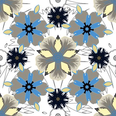 Duvar kağıdı, sunum, tasarım, baskı veya tekstil için iyi bir model. Mavi, bej ve gri renklerdeki elementlerin kusursuz görüntüsü. Vektör illüstrasyonu.