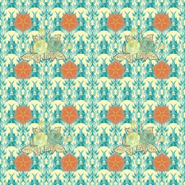 Eski püskü bir illüstrasyon. Yeşil, turuncu ve mavi güllü geçmişe dönüş. Vektör güller pürüzsüz desen.