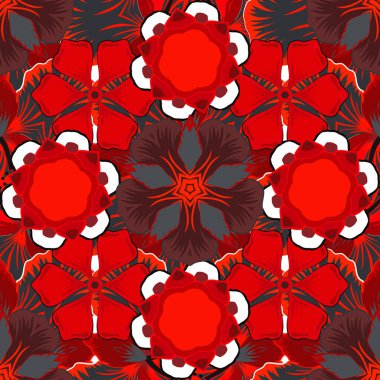 Yatak çarşafları, ceket, paket tasarımı, baskı, kumaş veya moda kavramları için doğu tekstil baskısı. Soyut elementlerle pembe, kırmızı ve menekşe desenli vektör..