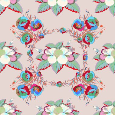 Duvar kağıdı, web sitesi arka planı ve ambalaj kağıdı için kusursuz çiçek deseni kullanılabilir. Yaz tasarımı. Vektör çiçek konsepti. Yaprak doğal desen mavi ve pembe renklerde.